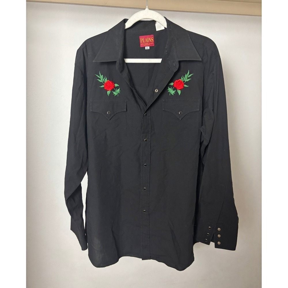 Plains Western Wear Men's XL Black pearlsnap Button-Up Shirt Embroidered Roses